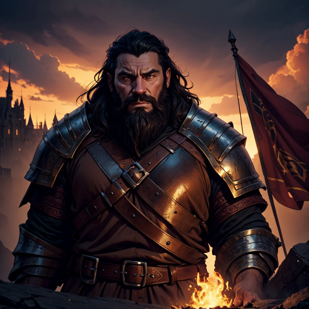 a male dwarf cleric in high fantasy heavy armor, big black beard, anime style, no hands, no weapons, dramatic lighting, (best quality,4k,8k,highres,masterpiece:1.2),ultra-detailed,(realistic,photorealistic,photo-realistic:1.37),dramatic shadows, cinematic composition, intricate details, epic fantasy scene, stunning atmosphere, rich colors, dramatic lighting, moody tones