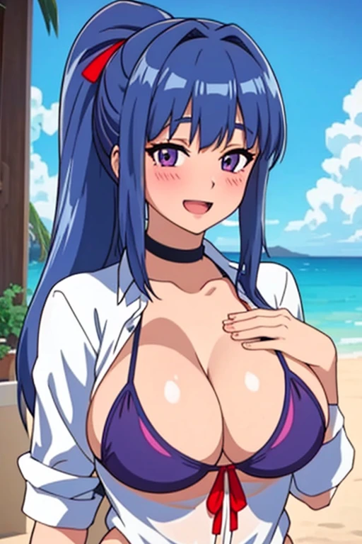 32k, ((Masterpiece, Best Quality)), edgQuality, edgBIC, Bikini under clothes., 1 girl, Alone, wide, medium breasts, long blue hair, with long ponytail, with red ribbon in her hair, purple eyes, looking at the viewer, blush, SMILE, Open mouth, Swimsuit, tits, White shirt, Bikini, outdoor, day, collar shirt, Transparent, using edgBIC