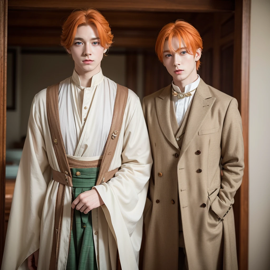 One fantasy prince orange hair and victorian beige clothes green eyes delicate scottish 