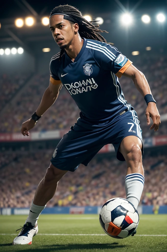 Create a dynamic image of Ronaldinho Gaúcho in full motion, performing an iconic dribble on a football field. The scene should capture your technical skill, focusing on your feet and the ball, and include a packed stadium with fans cheering in the background. Use dramatic lighting to highlight your figure and give the scene an epic feel.