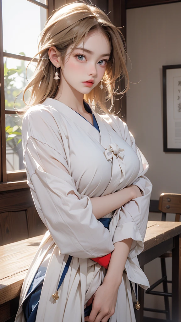 There is a stunning beauty. She is a half-French, half-Japanese woman of unparalleled beauty. Her face is incredibly beautiful, with striking blue eyes and gorgeous long, straight, blonde hair. Her facial expression is one of anger, with furrowed brows and puffed cheeks. She is dressed in a Japanese high , a sailor suit, with a white blouse as the top. The composition should only depict her from the chest up. She is facing straight ahead, crossing her arms in anger, appearing to be complaining towards us. The story is that she is in the middle of a verbal argument and she has a bad personality. The background is a school classroom. Please depict this.