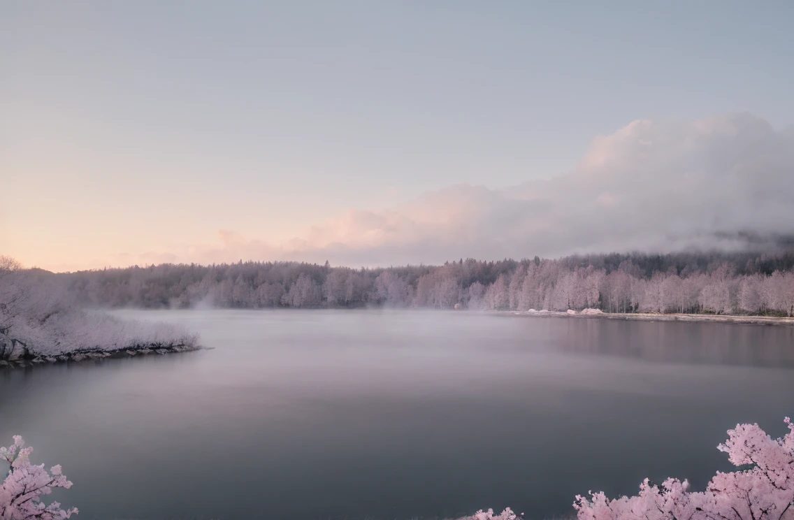 masterpiece of materpieces, PHOTOREALITIC, DENSE MIST. Smokey skies cast eerie light in the Anthropocene on a lake surrounded by cherry blossom trees, rocks on lake, snow falling, pink rose mini flowers covered in snow in enchanted forest, heavy mist and fog over the lake, fairy tale vibes, petals floating, dreamy looking, Sun burning like fire. Stars on the sky. Field filled with white flowers. PHOTOREALISTIC and cinematic. Nikon Z9