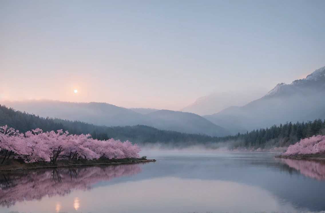masterpiece of materpieces, PHOTOREALITIC, DENSE MIST. Smokey skies cast eerie light in the Anthropocene on a lake surrounded by cherry blossom trees, rocks on lake, snow falling, pink rose mini flowers covered in snow in enchanted forest, heavy mist and fog over the lake, fairy tale vibes, petals floating, dreamy looking, Sun burning like fire. Stars on the sky. Field filled with white flowers. PHOTOREALISTIC and cinematic. Nikon Z9