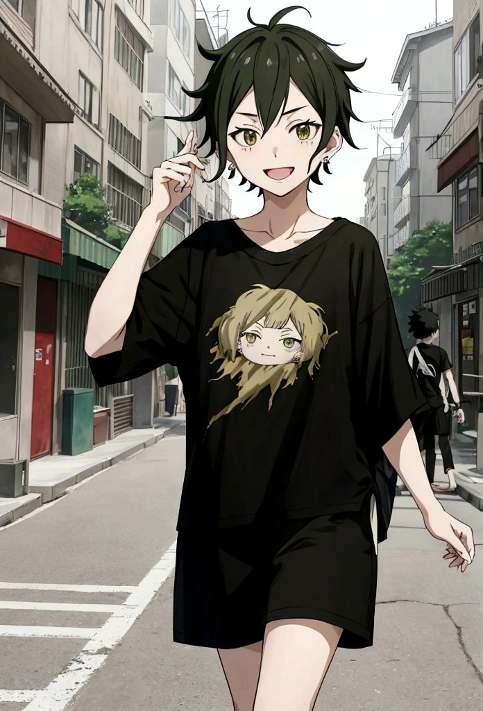 Haikyuu anime screenshot. short hair girl, messy with messy bangs, green eyes, with earrings in the left ear,pale skin, , dressed in a black t-shirt and shorts with a black sweatshirt, walking through the streets, smiling kindly.