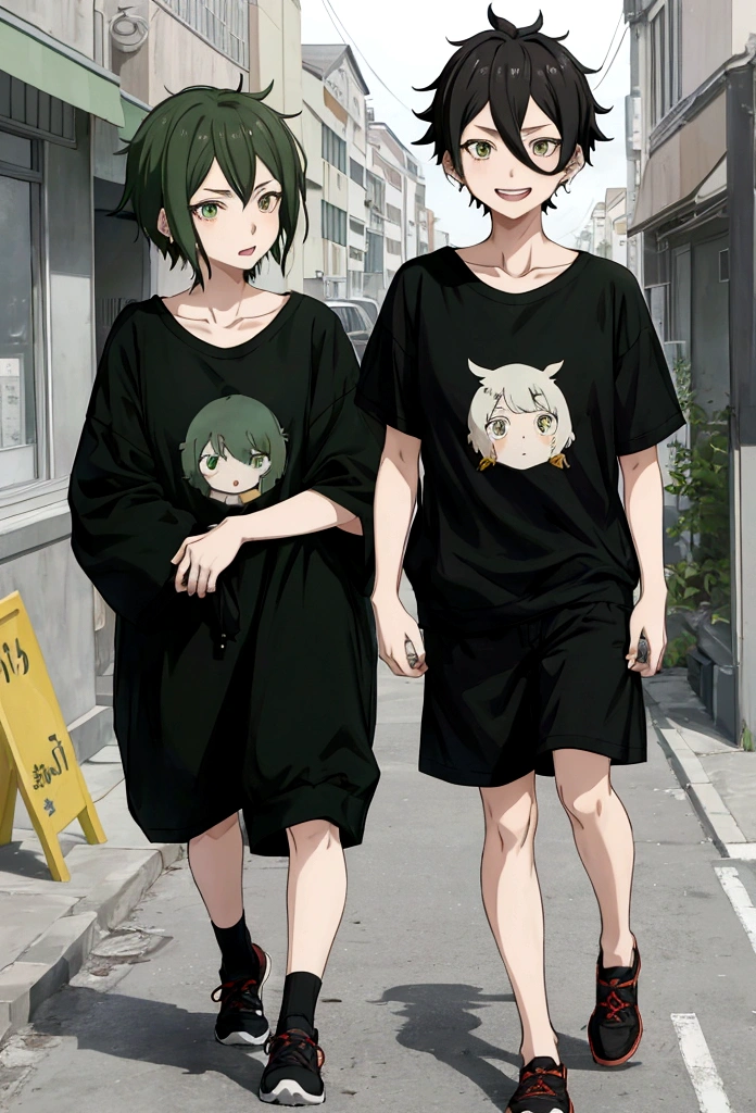 Haikyuu anime screenshot. short hair girl, messy with messy bangs, green eyes, with earrings in the left ear,pale skin, 16 years, dressed in a black t-shirt and shorts with a black sweatshirt, walking through the streets, smiling kindly. 
