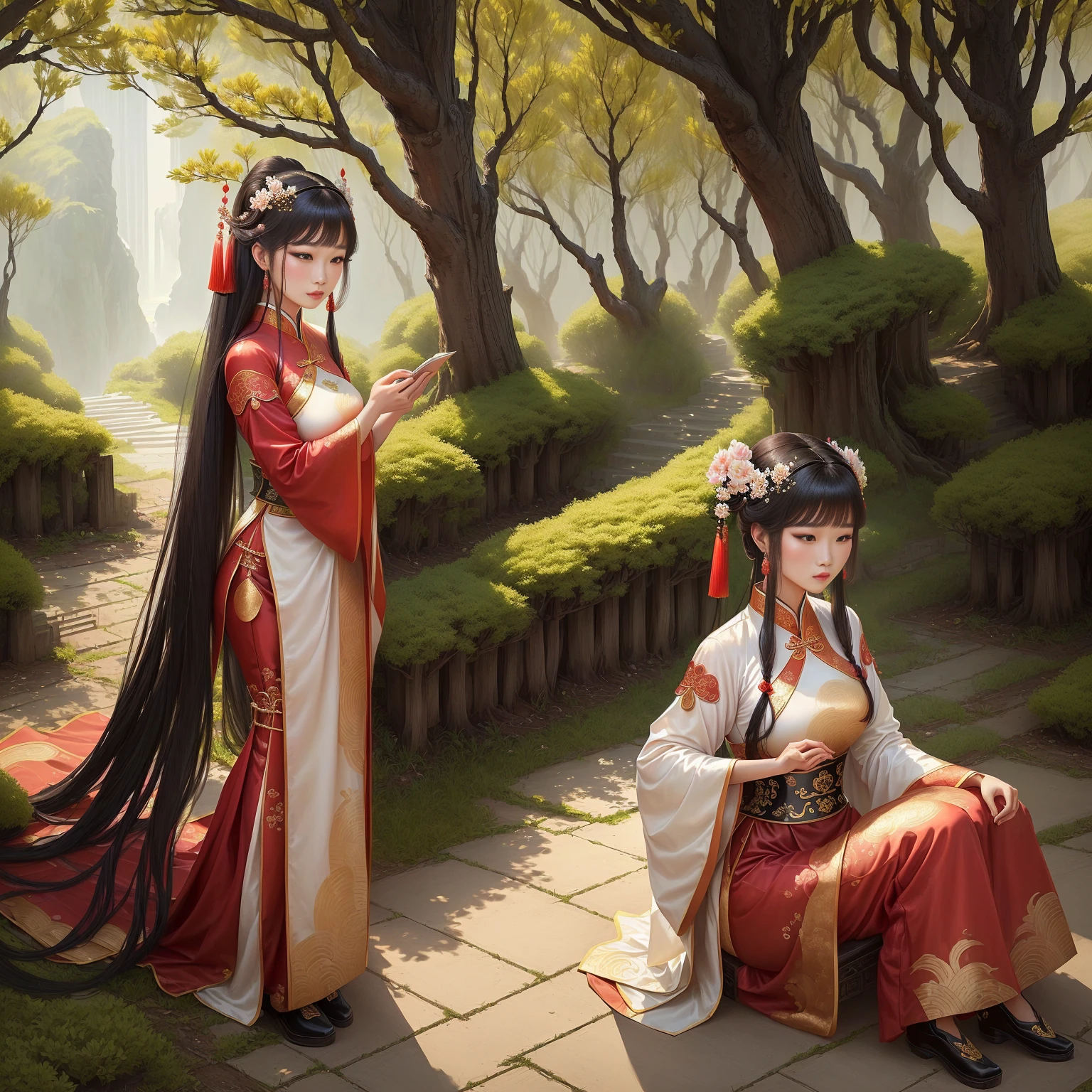 A woman in a Chinese dress、Drawing of a woman suffering from tia, palace ， Girl wearing Hanfu, Chinese Princess, Chinese Queen, ancient Chinese Princess, Asian Dynasty Princess, Beautiful fantasy queen, Inspired by Tawaraya Sotatsu, Inspired by trees, Inspired by Lan Ying, Inspired by Qiu Ying, Inspired by Lv Ji&#39;s coloring