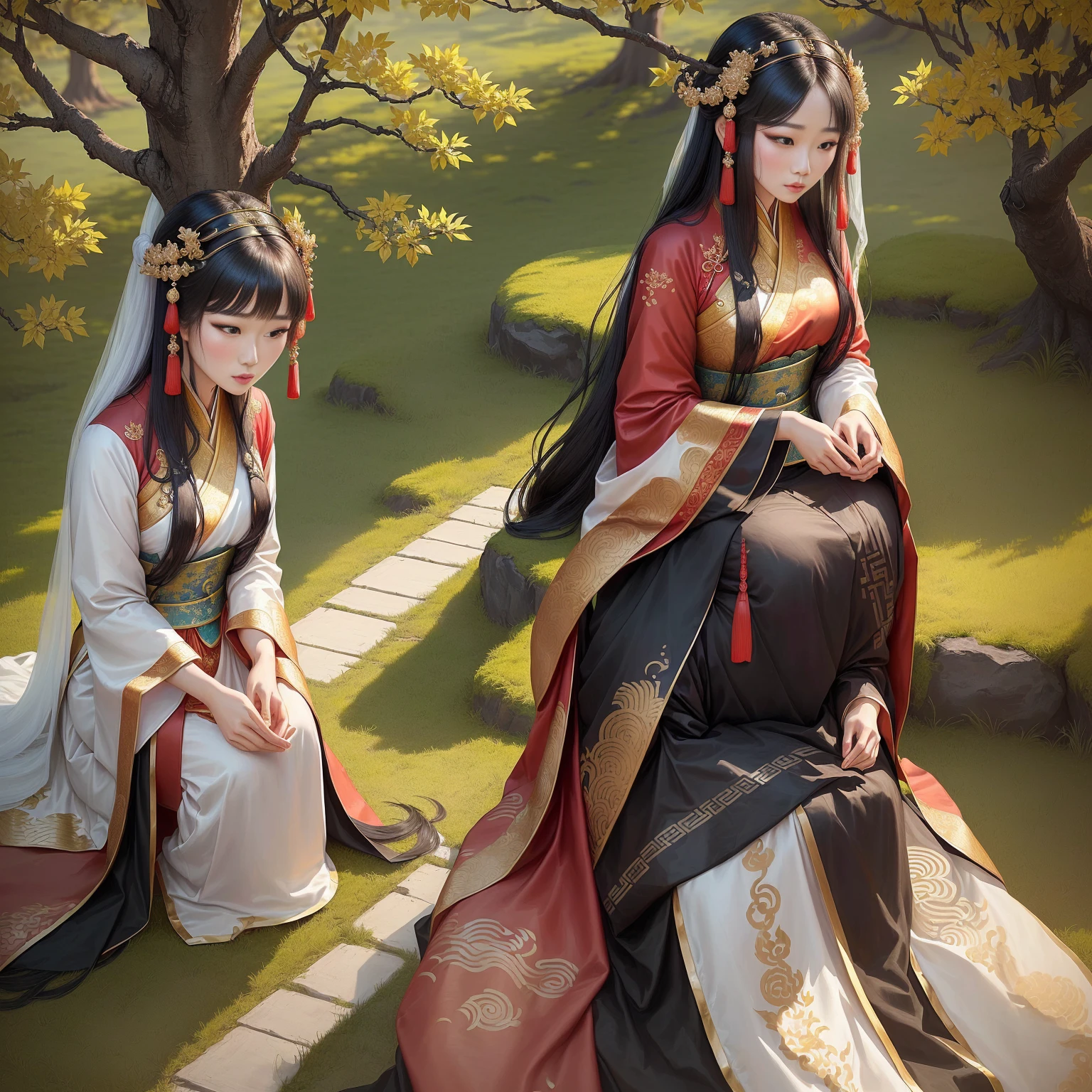 A woman in a Chinese dress、Drawing of a woman suffering from tia, palace ， Girl wearing Hanfu, Chinese Princess, Chinese Queen, ancient Chinese Princess, Asian Dynasty Princess, Beautiful fantasy queen, Inspired by Tawaraya Sotatsu, Inspired by trees, Inspired by Lan Ying, Inspired by Qiu Ying, Inspired by Lv Ji&#39;s coloring