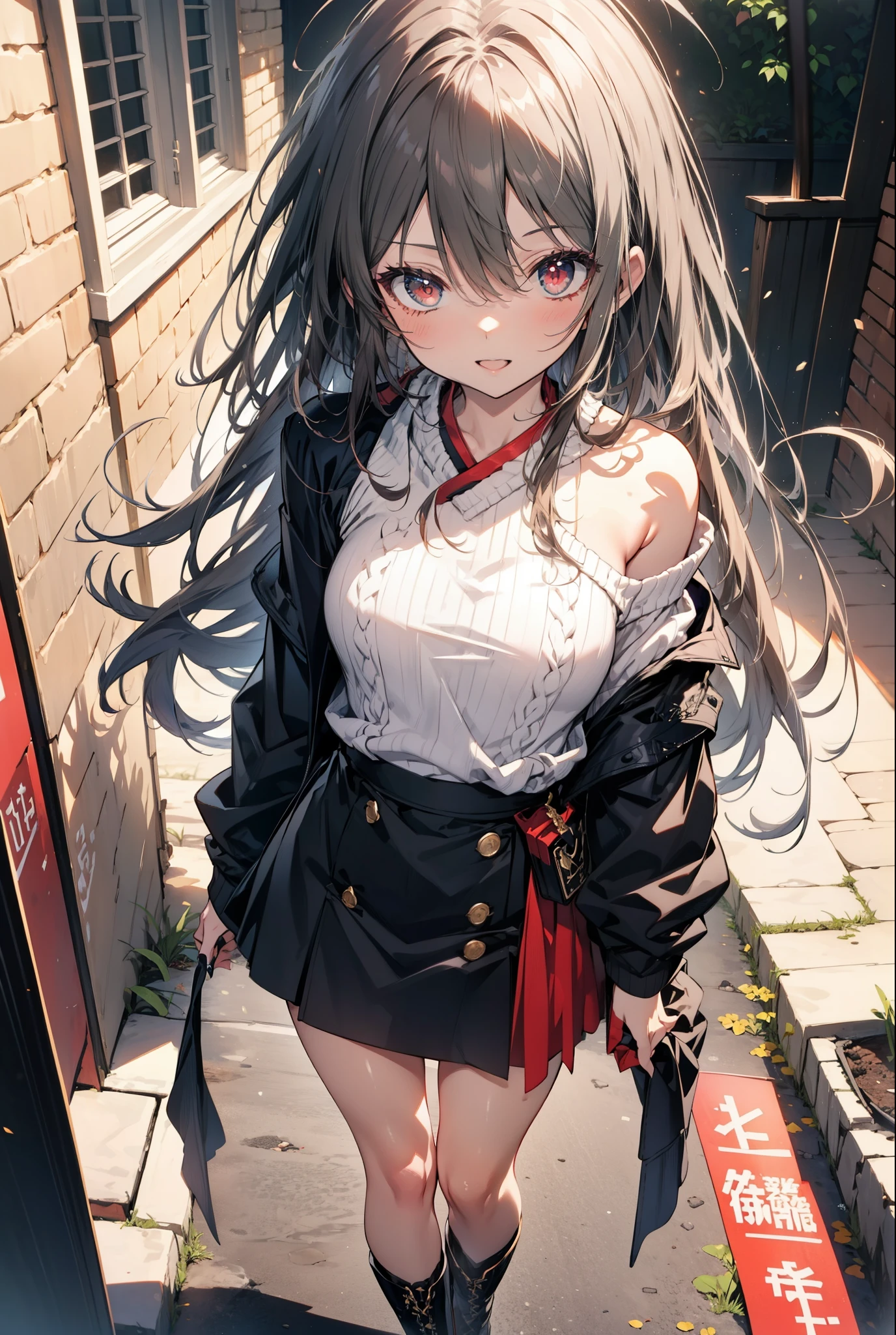 Shana,灼眼のShana,Long Hair, Redhead, Red eyes,Ahoge,happy smile, smile, Open your mouth,Oversized red one-shoulder sweater,black long skirt,short boots,Daytime,sunny,Walking,whole bodyがイラストに入るように, break outdoors, Building district, break looking at viewer, whole body, break (masterpiece:1.2), Highest quality, High resolution, unity 8k wallpaper, (shape:0.8), (Beautiful attention to detail:1.6), Highly detailed face, Perfect lighting, Highly detailed CG, (Perfect hands, Perfect Anatomy),