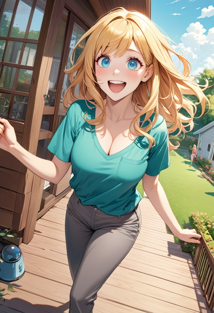 detailed illustration ,dynamic angle, ultra-detailed, detailed eyes, detailed face, 1girl, wife, long blonde hair, bright blue eyes, detailed eyes, happy, standing on porch, outside, house, lawn, grinning, delighted, turquoise green shirt, cleavage, grey shorts