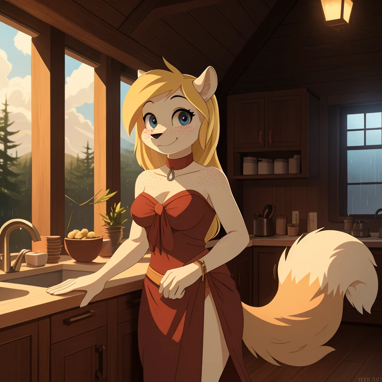 minerva, medium breast,
(detailed blonde hair:1.4), (detailed perfect eyes:1.2), white fur, (detailed fluffy fur:1.2), perfect hourglass body, mink snout, (long fluffy blonde tail:1.3), beautiful black eyes, relaxed pose, looking at viewer,
(freckles:1.2), light smile,
serving coffee,
(masterpiece:1.2), (best quality:1.2), (intricate:1.2), (highly detailed:1.2), (sharp:1.2), (8k:1.2), (highres:1.2),
cinematic summer tropical lighting, vivid colors,
kitchen, wooden cabin,
window, forest, rain,
aliceinwonderlandoutfit