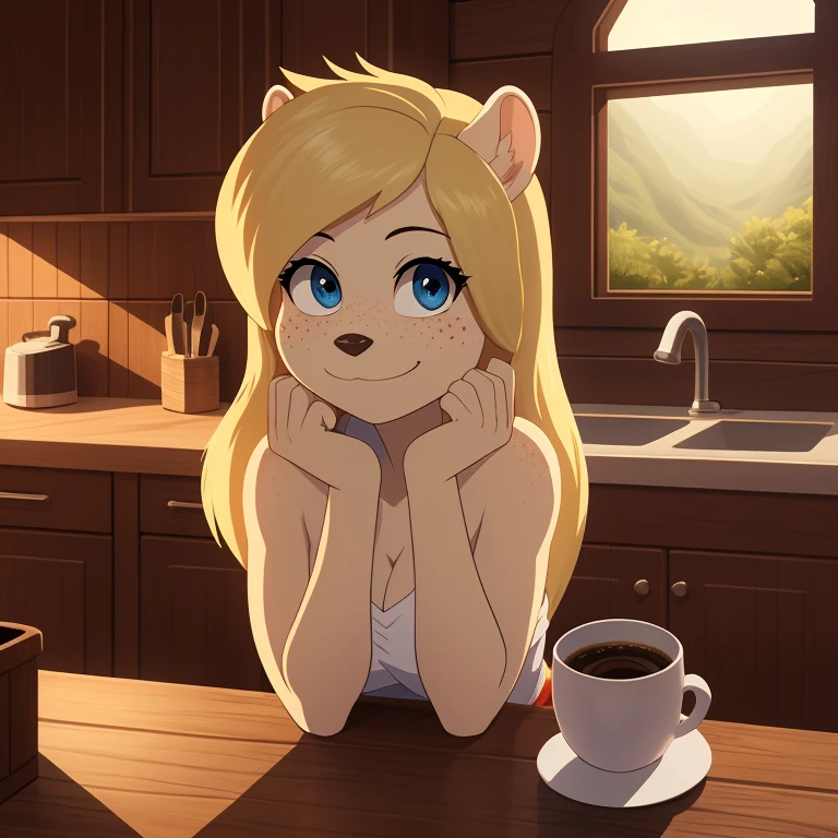 minerva, medium breast,
(detailed blonde hair:1.4), (detailed perfect eyes:1.2), white fur, (detailed fluffy fur:1.2), perfect hourglass body, mink snout, (long fluffy blonde tail:1.3), beautiful black eyes, relaxed pose, looking at viewer,
(freckles:1.2), light smile,
serving coffee,
(masterpiece:1.2), (best quality:1.2), (intricate:1.2), (highly detailed:1.2), (sharp:1.2), (8k:1.2), (highres:1.2),
cinematic summer tropical lighting, vivid colors,
kitchen, wooden cabin,
window, forest, rain,
aliceinwonderlandoutfit