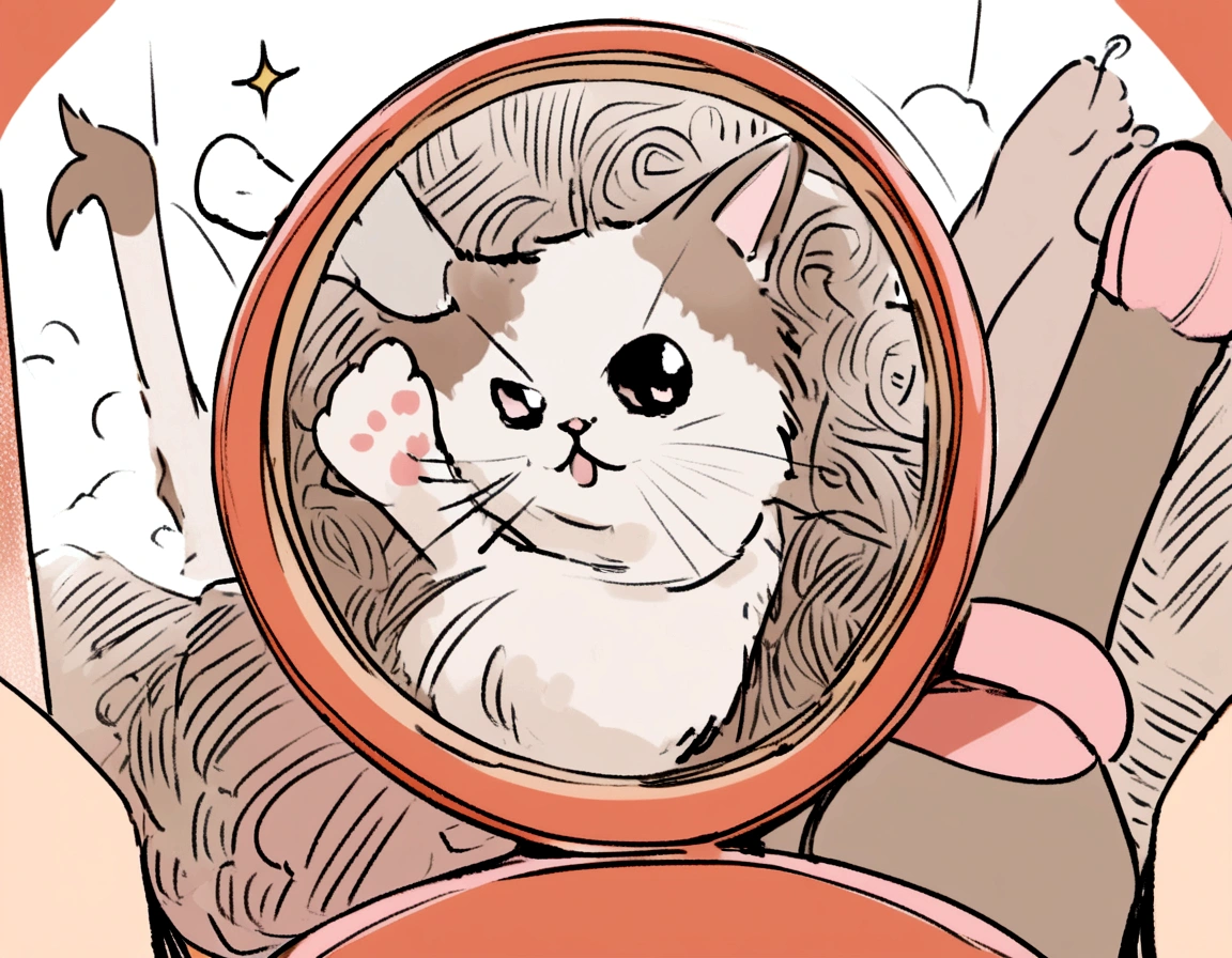 Cat taking selfie with one foot raised, illustrated drawing
