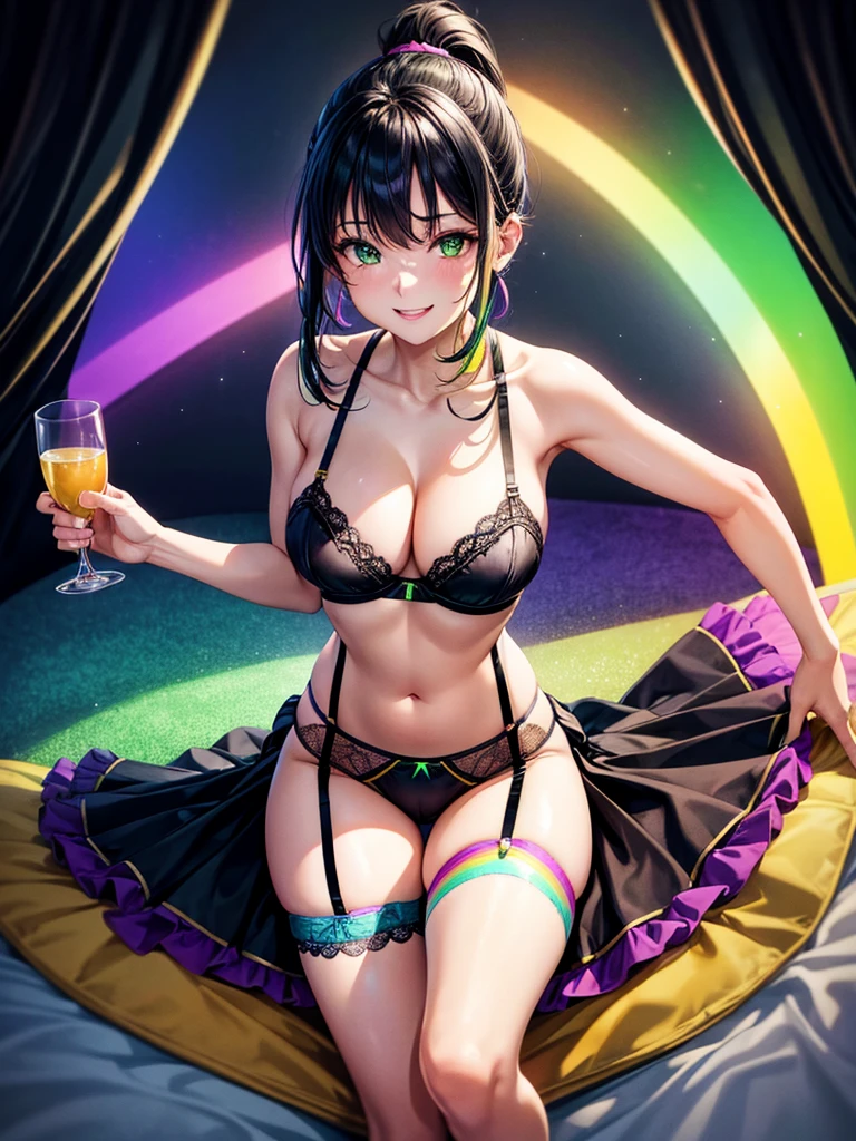 Highest quality,Highest Resolution,4K quality,Smiling beautiful girl,Full body close-up,Drink a glass of water,,Yellow-green eyes,Black hair ponytail,,Iridescent Bra,Iridescent underwear,High leg,Rainbow garter belt,Rainbow colored knee-high stockings,Dark bedroom at night,Purple bedding,Iridescent underwear,Standing posture,