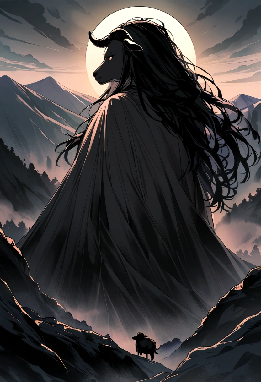 A man wearing a black goat head. Goat face. Black goat hair. Goat. Goats wear goat wool. The goat's body is black. The mythical man thickens and protects the mountains. His body is covered with thick, lush, black hair down to his feet