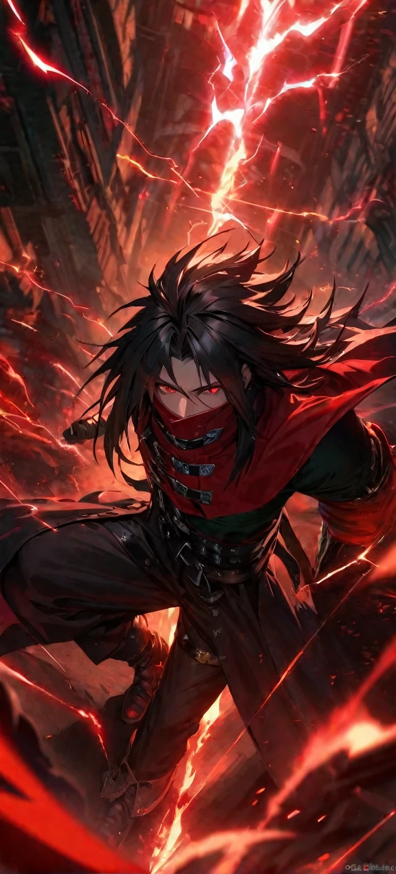 Symetrical,absurdres, highres, ultra detailed, HDR, masterpiece, extremely detailed face and eyes, Vincent Valentine,final fantasy 7,long black hair , , solo, man, handsome, ,, , Epic fight scene,red lightning effect, glowing glitters, , red flames effect, red aura effect, red splashing
