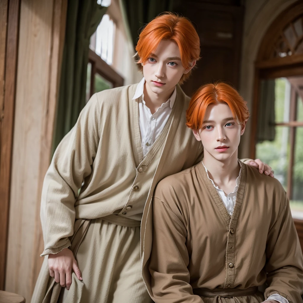 Fantasy one prince orange hair and victorian beige clothes green eyes delicate scottish 