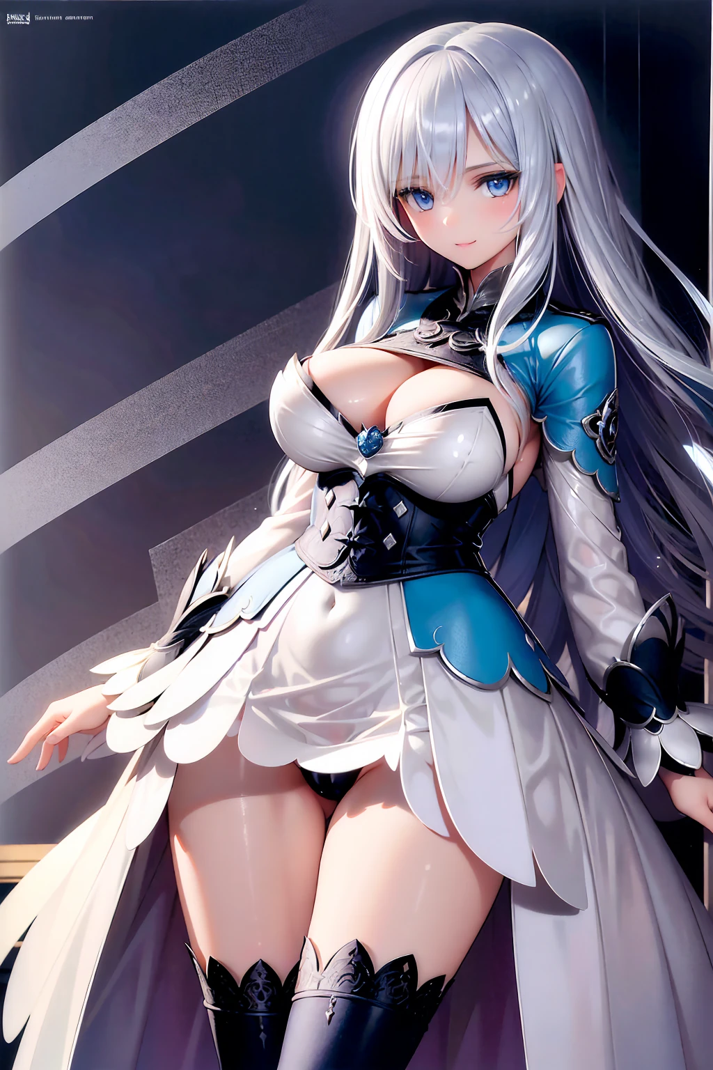 (((1 woman))), ((detailed blue eyes)), ((long silver hair)), large breasts, curvy hips, perfectly drawn body, seductive smile, white dress, adorned with blue roses, casting spells, best quality, masterpiece, ultra-detailed