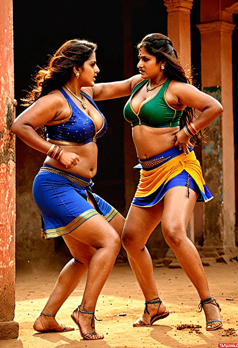 A fierce bearhug between two identical extremely bold stunningly voluptuous Bhojpuri fierce rival film actresses, their huge big bosoms heaving as they engage in a heated sweaty battle of fiercely brutal hugging of extreme anger in a cramped, abandoned dwelling. Their gaze locked in a moment of intense anger and rivalry as both tearing apart each other’s extremely bold equally big cleavage revealing sleeveless low cut tight short mujra dance attires. This vivid image captured in a photograph showcases the violently horror and evenly matched power of animosity between these two equally large-busted and plus-sized heavyweight women. The scene exudes a raw and visceral energy, with sweat glistening on their skin and their expressions portraying a mix of intense anger and determination. Each detail, from their flowing wild long hair to the tension in their tight angry grip, adds layers of complexity to the fighting between 2 evenly matched extreme beautiful angry rival females by narrative of this captivating image