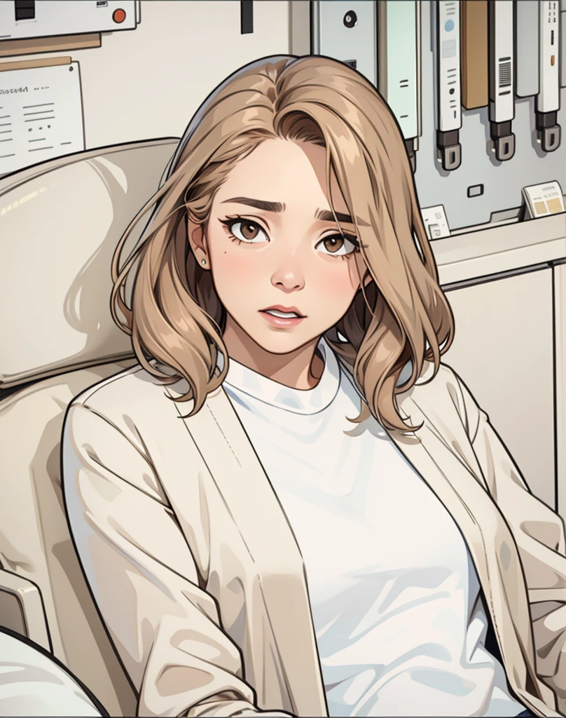 40-year-old woman brown hair brown eyes brown shirt white t-shirt is speaking with some concern with some astonishment