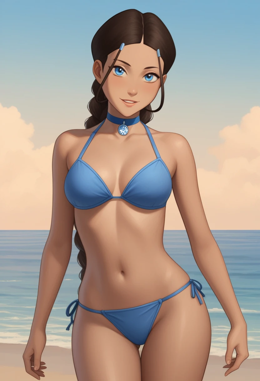 score_9_up, score_8_up, score_7_up, 1girl, solo, mature female, ((Katara)), Latin skin color, brown braided hair, blue eyes, pink lips, parted lips, fit slim body, ((perfect medium erected breast)), (((blue seductive bikini, blue choker))), (((Iceland beach))), perfect model body, wide hips, naughty smile, seductive pose