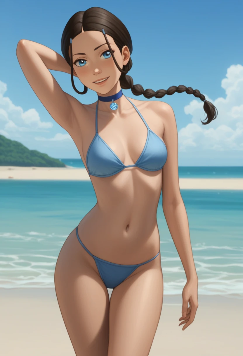 score_9_up, score_8_up, score_7_up, 1girl, solo, mature female, ((Katara)), Latin skin color, brown braided hair, blue eyes, pink lips, parted lips, fit slim body, ((perfect medium erected breast)), (((blue seductive bikini, blue choker))), (((Iceland beach))), perfect model body, wide hips, naughty smile, seductive pose