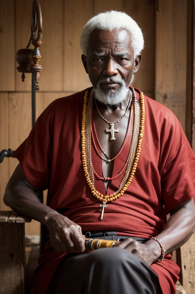 An old black man in red and old African clothes with a pipe and an old black rosary 