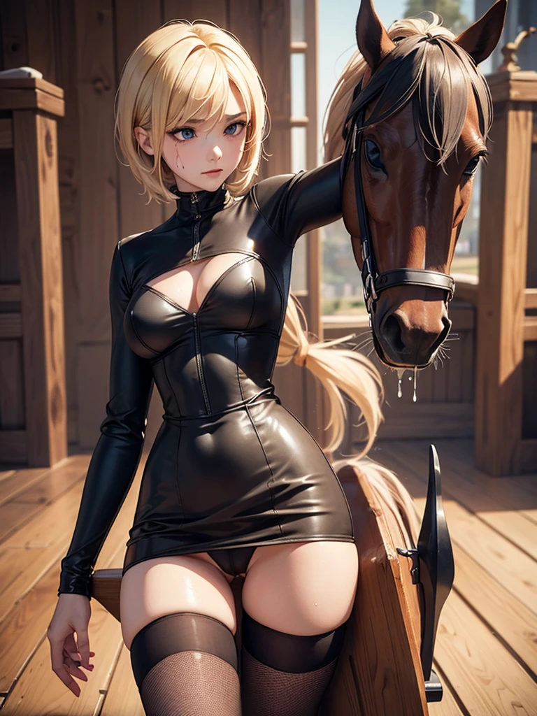 ((((Best Quality, 8K, 32K, masterpiece, 1.2)))),{{solo}},nsfw,{{{Artist: EUPHORIA's style}}},((perfect beautiful face:1.2)), slender body, wearing gothic dress, wearing fishnet tights, bdsm, ((wooden horse, riding on top of wooden horse:1.2)),((peeing, leaking pee from pussy:1.1)), embarrassed, endure of pain,
