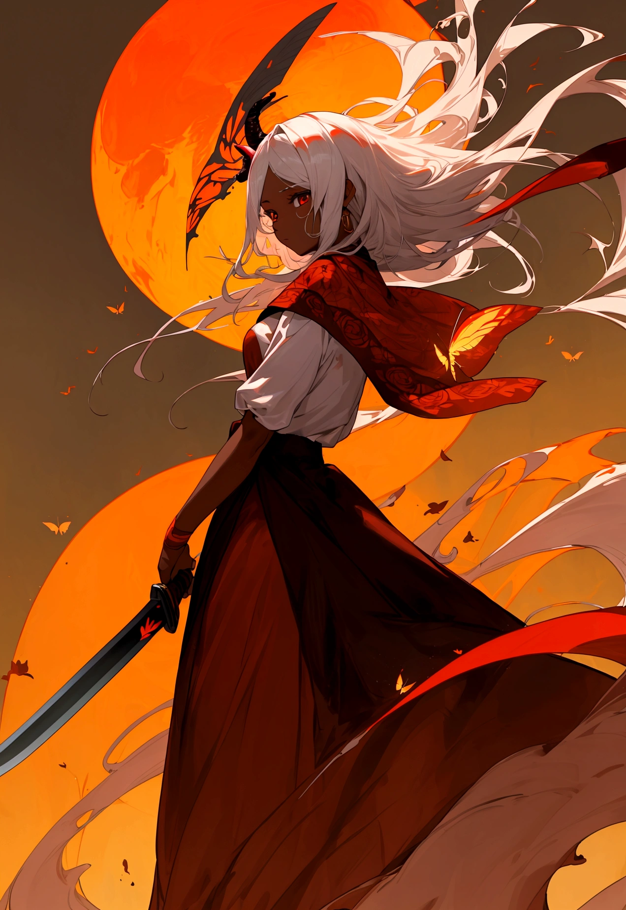 a beautiful girl with dark skin, face perfect, work of art, ultra high resolution, high qualiy, 4K, olhos rots como fogo, cabelos rots escuro, rot, red butterfly, Buffalo, sharp sword, Tuuli, wind, rot, red long circle skirt, hurricane ago, rabo de Buffalo