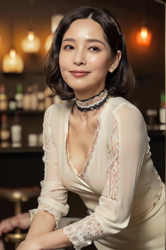 (((Ultimate Photorealistic, ultimate high-quality 32k photo))),(((American-shot photo taken from the front, looking at viewer seriously ))),(((( Seductive pose, 7 heads、Staring Intently :1.8)))),(((A simple and elegant short-sleeved business blouse made of beige lacy, extremely thin fabric with a wide V-neck., Soaking wet、She is looking straight at the camera with a very shy look on her face.。light makeup、elegant black wet middle bob。An elegant and simple beige very thin choker.:1.4)))。((Highest quality)), ((masterpiece)), (((detailed))), (midnight ,Modern hotel bar on a dark pouring stormy night, Sitting on a bar stool with her legs wide apart、 Low Key Lighting:1.6)、(((A very beautiful, extremely elegant and intelligent 42 year old Japanese woman。A feminine, curvaceous body。Beautiful line from hips to thighs、An extremely elegant, calm and modest smile, Being drunk、My eyes are extremely watery、I&#39;m very horny、embarrassed ,blush, Curvy Body、Extremely realistic, detailed and beautiful depiction of the face, waist and thighs:1.9)))、(((The skin is white and very smooth。A very hot rainy summer night、I&#39;m pretty sweaty、My clothes were soaked and pretty see-through.、When wet, it sticks tightly to the skin, revealing the beautiful lines of the body.、The skin is clearly visible through the extremely thin fabric.:1.9)))。(((A simple and elegant business pencil skirt in a plain navy blue knee-length,The clothes fit the body very well:1.8))), ((Healthy Body、The line of the chest, collarbone and extremely beautiful and feminine décolleté are the ultimate beauty.:1.9))。(((large&good hips、large&nice chests )))