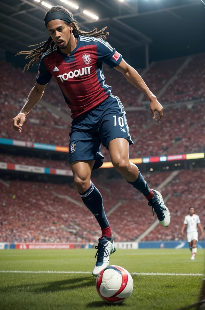 Create a dynamic image of Ronaldinho Gaúcho in full motion, performing an iconic dribble on a football field wearing the Flamengo shirt. The scene should capture your technical skill, focusing on your feet and the ball, and include a packed stadium with fans cheering in the background. Use dramatic lighting to highlight your figure and give the scene an epic feel.