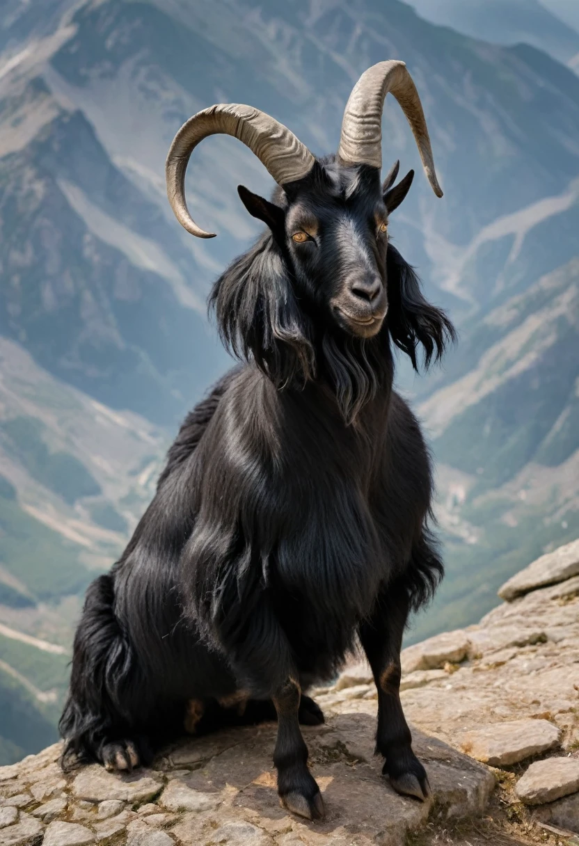 A man wearing a black goat head. Goat face. Black goat hair. Goat. Goats wear goat wool. The goat's body is black. The mythical man thickens and protects the mountains. His body is covered with thick, lush, black hair down to his feet