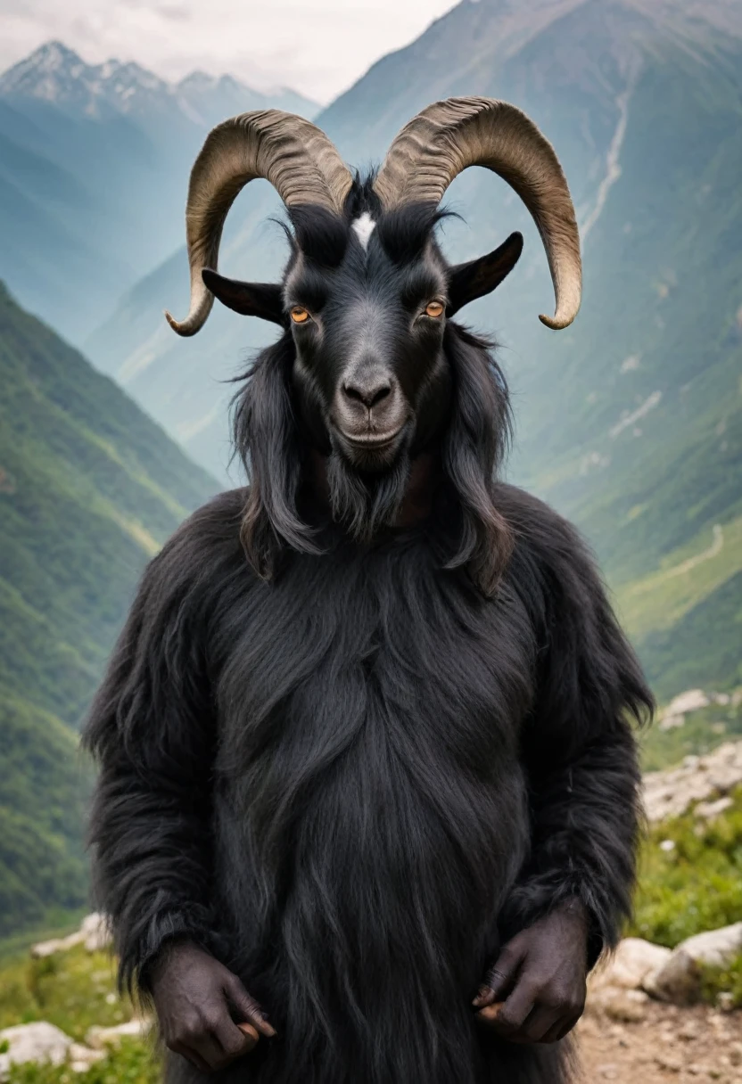 A man wearing a black goat head. Goat face. Black goat hair. Goat. Goats wear goat wool. The goat's body is black. The mythical man thickens and protects the mountains. His body is covered with thick, lush, black hair down to his feet