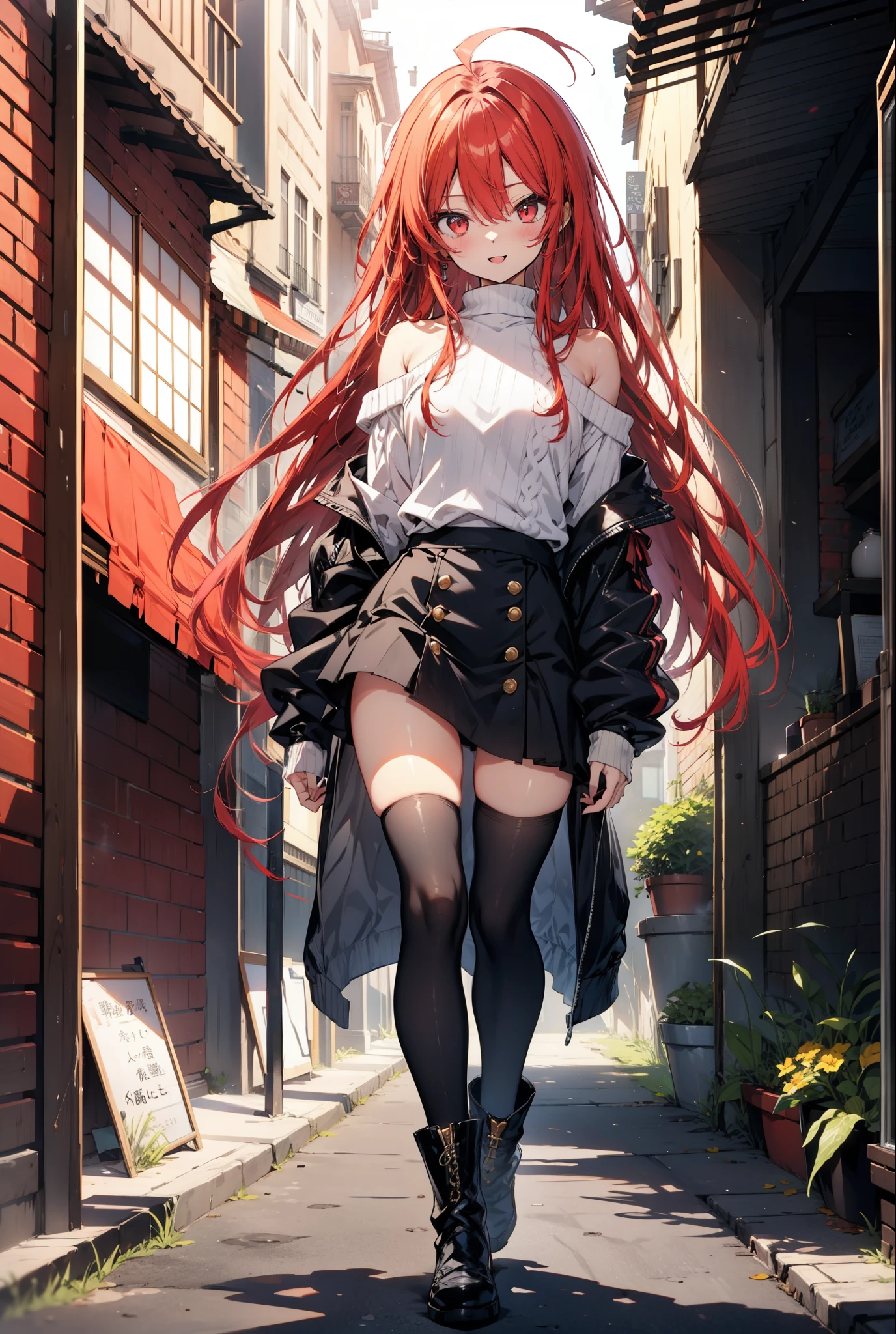 Shana,灼眼のShana,Long Hair, Redhead, Red eyes,Ahoge,happy smile, smile, Open your mouth,Oversized red one-shoulder sweater,black long skirt,short boots,Daytime,sunny,Walking,whole bodyがイラストに入るように, break outdoors, Building district, break looking at viewer, whole body, break (masterpiece:1.2), Highest quality, High resolution, unity 8k wallpaper, (shape:0.8), (Beautiful attention to detail:1.6), Highly detailed face, Perfect lighting, Highly detailed CG, (Perfect hands, Perfect ???????),