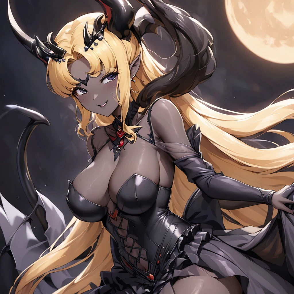 ((Highest quality)), ((masterpiece)), (detailed), (Perfect Face)、The woman is the bride, embracing and kissing the Demon King, the Dark Queen of the Black Moon clan and the Demon Queen, Black Serenity, a sexy female demon princess with jet black skin.、The woman is a jet-black female demon with magnificent devil horns, jet-black devil wings, and a jet-black tail. Her skin is jet-black, and she has a black inverted crescent moon mark on her forehead. Her gorgeous black skin is visible through her black see-through Gothic Victorian wedding dress, black wedding veil, and black see-through cape. She is a demon bride, the jet-black demon Princess Serenity, and has blonde hair, looking at the camera with a happy expression.2The expression of a girl in love with her long hair tied up、Woman is Black Serenity