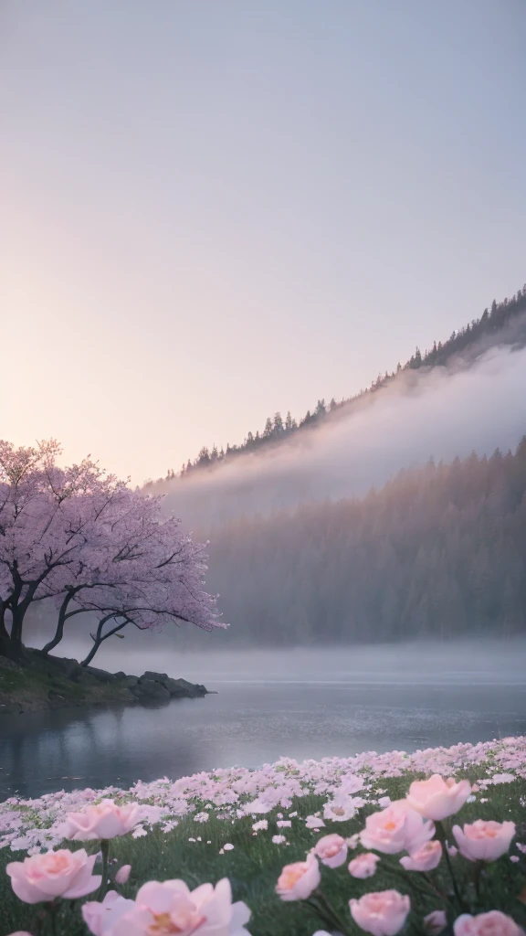 masterpiece of materpieces, PHOTOREALITIC, DENSE MIST. Smokey skies cast eerie light in the Anthropocene on a lake surrounded by cherry blossom trees, rocks on lake, snow falling, pink rose mini flowers covered in snow in enchanted forest, heavy mist and fog over the lake, fairy tale vibes, petals floating, dreamy looking, Sun burning like fire. Stars on the sky. Field filled with white flowers. PHOTOREALISTIC and cinematic. Nikon Z9