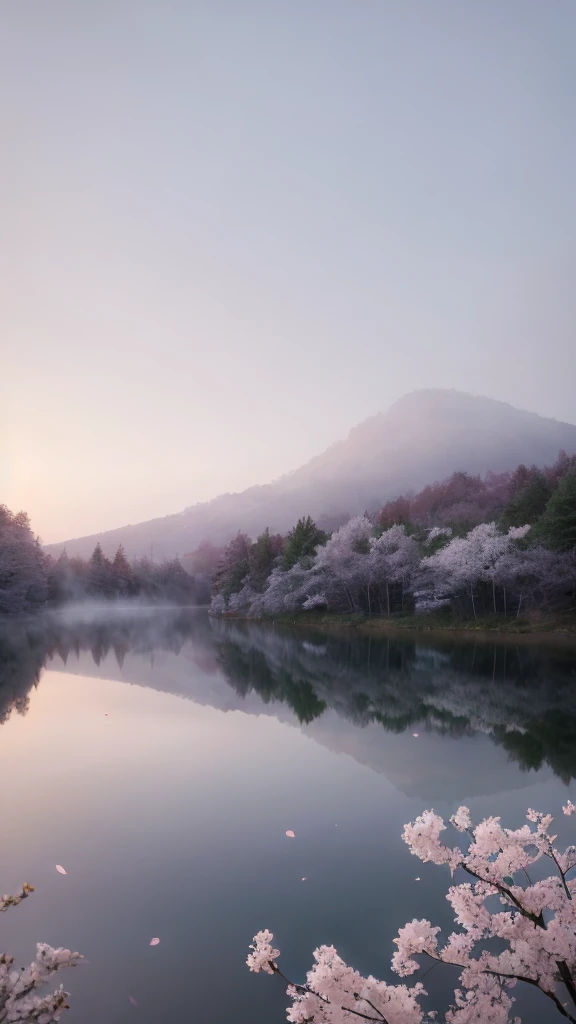 masterpiece of materpieces, PHOTOREALITIC, DENSE MIST. Smokey skies cast eerie light in the Anthropocene on a lake surrounded by cherry blossom trees, rocks on lake, snow falling, pink rose mini flowers covered in snow in enchanted forest, heavy mist and fog over the lake, fairy tale vibes, petals floating, dreamy looking, Sun burning like fire. Stars on the sky. Field filled with white flowers. PHOTOREALISTIC and cinematic. Nikon Z9