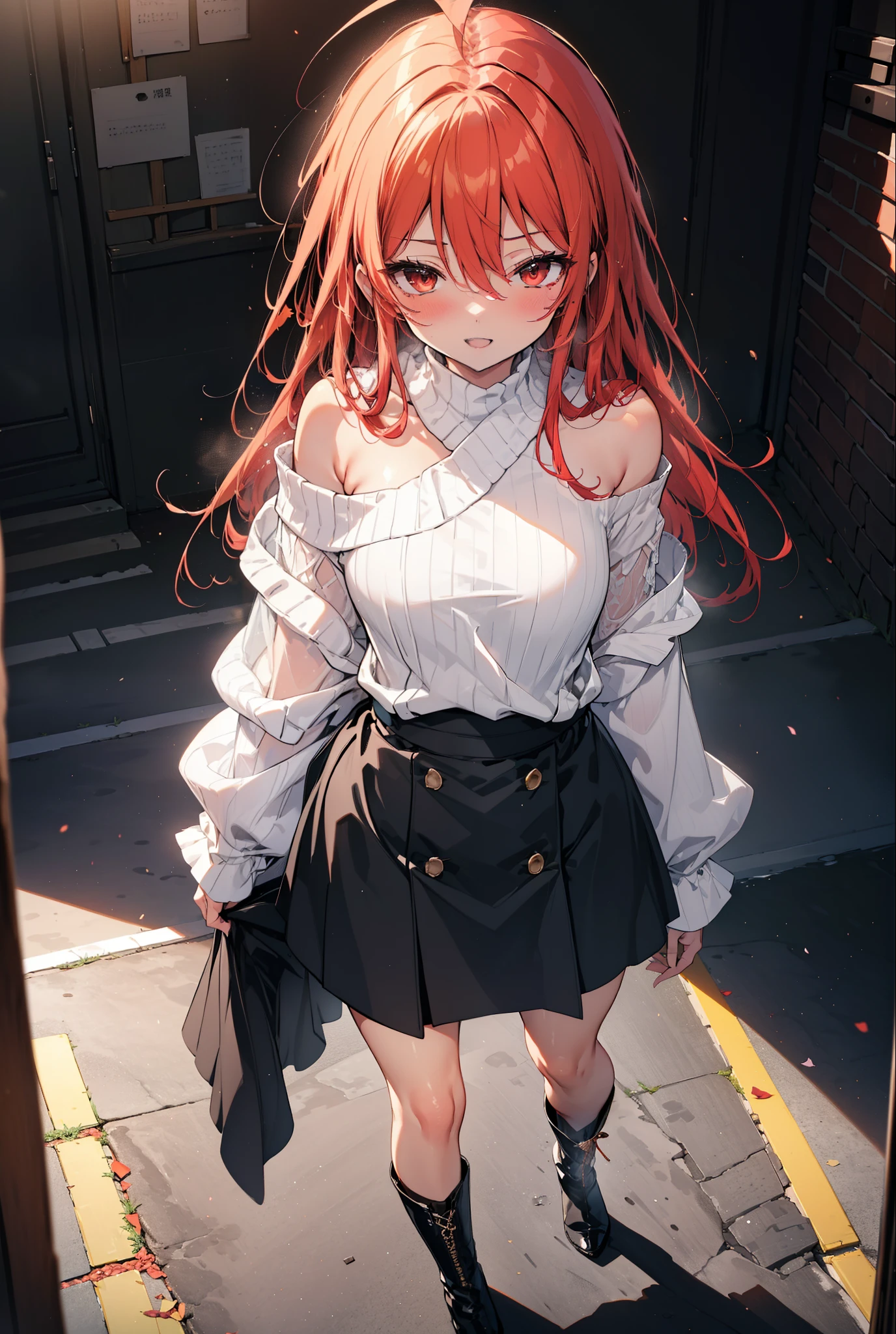 Shana,灼眼のShana,Long Hair, Redhead, Red eyes,Ahoge,happy smile, smile, Open your mouth,Oversized red one-shoulder sweater,black long skirt,short boots,Daytime,sunny,Walking,whole bodyがイラストに入るように, break outdoors, Building district, break looking at viewer, whole body, break (masterpiece:1.2), Highest quality, High resolution, unity 8k wallpaper, (shape:0.8), (Beautiful attention to detail:1.6), Highly detailed face, Perfect lighting, Highly detailed CG, (Perfect hands, Perfect Anatomy),