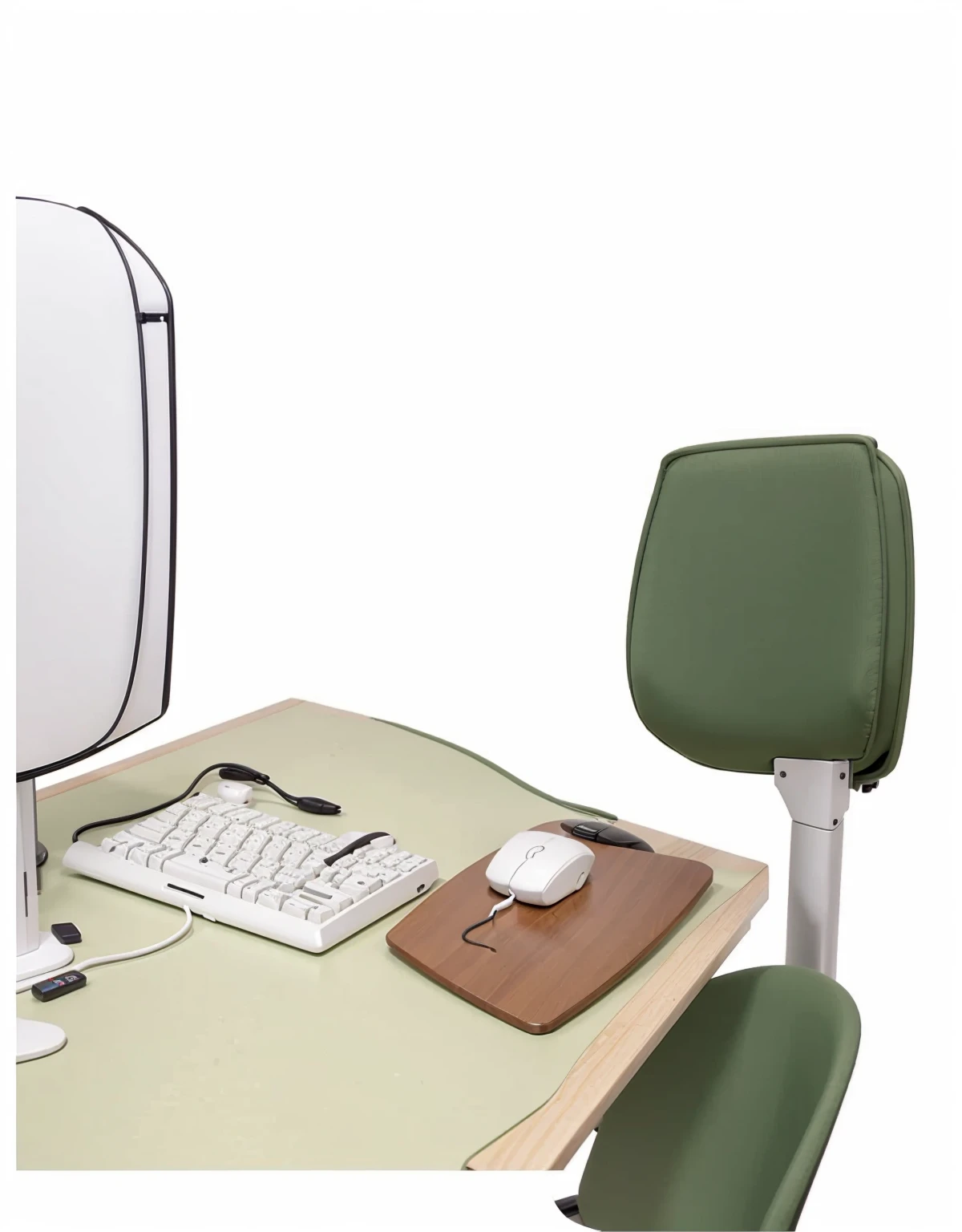 an office table a monitor a green chair a keyboard and a mouse a white wooden table
