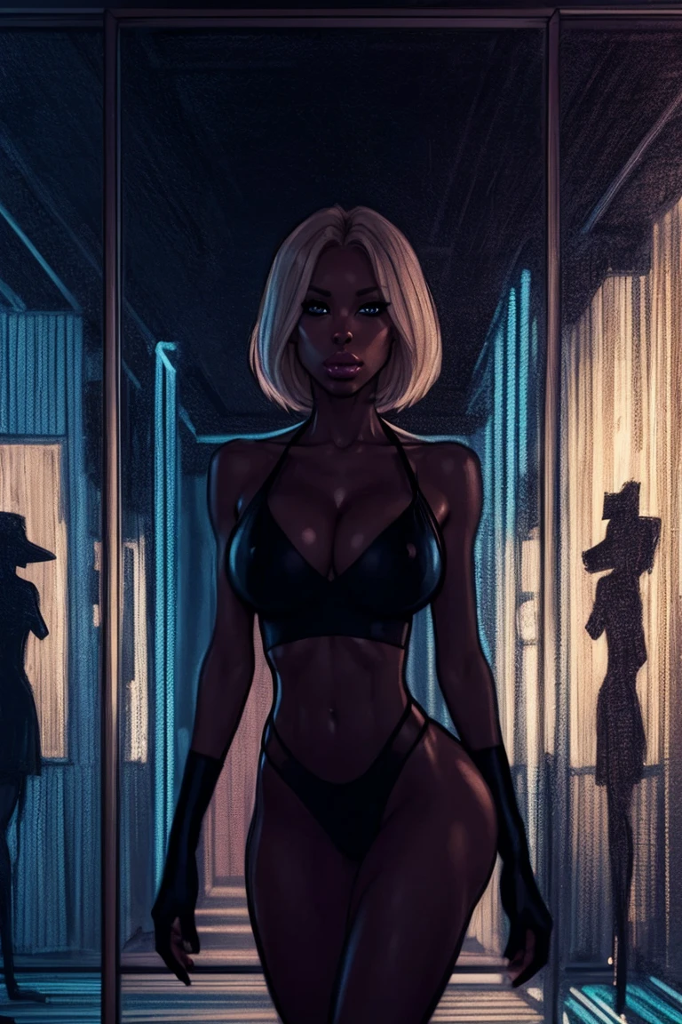 (es) , Diane Foxington is standing alone in a night club, surrounded by blurred out figures. The mood is serious, with a touch of loneliness conveyed through her expression. Her eyes are fixed on the viewer, drawing them into the scene.