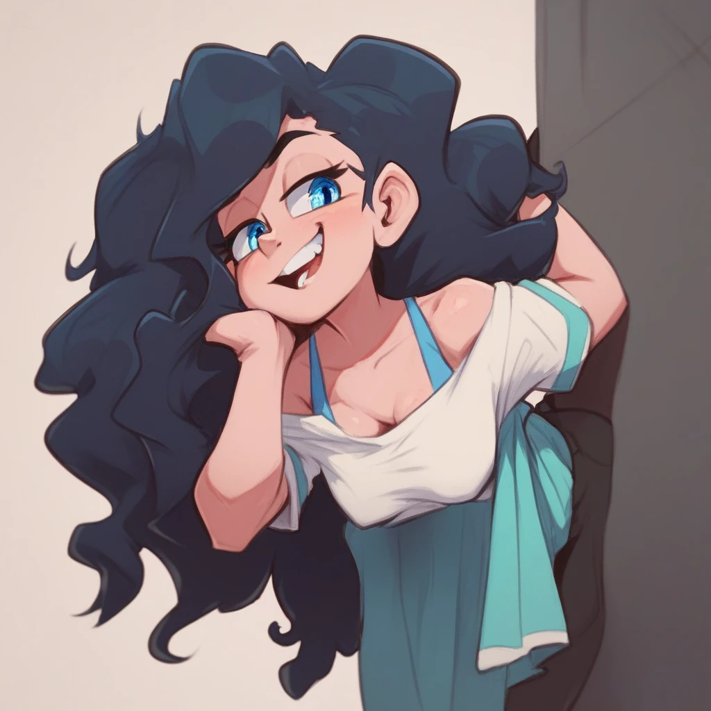 Ralph Bakshi Style, Curvy blue eyed girl with long wavy black hair and small breasts, (smug_grin), nudity, (extreme nsfw), lewd, (pubic_stubble):4.0, (transparent shawl), (swollen vagina):3.0, kitchen, one knee up