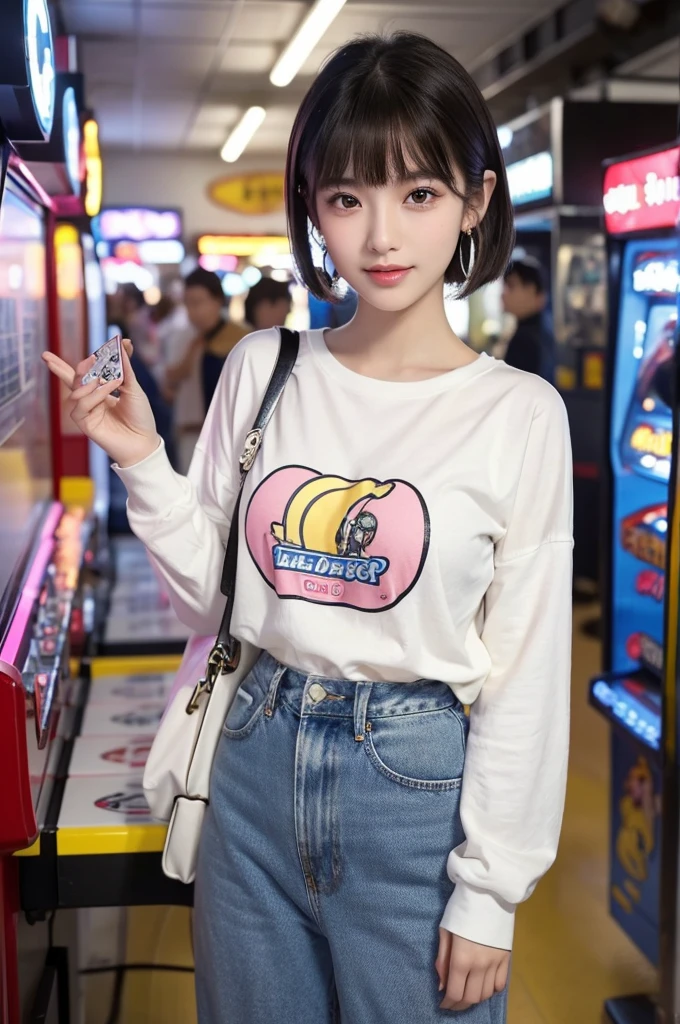 Game center, professional gamer, ((full body)), ((photo)), ((best qualtiy, 8K, tmasterpiece: 1.3)), Focus: 1.2, perfect figure beautiful girl: 1.4, 1girl, cowboy shot, look at viewer, eyes facing the camera, incredibly absurd, beautiful and cute girl with a photorealistic face, showcasing top-quality craftsmanship, A Japanese girl playing games at an arcade, , with a bob cut, silky black hair, bangs cut at an angle to reveal her right eye, large eyes, a soft smile, tanned skin, thin and well-formed eyebrows, straight nose with a rounded tip, thin lips but a healthy, natural pink colour, small ears with pierced ears, a slender neck with a sharp jawline, a small face with well-formed facial features, fair, fine, translucent skin, long eyelashes that make the eye makeup stand out, eyes that are powerful but also kind, Well-aligned, white teeth, healthy, shiny skin and hair, friendly expression, , slender, well-balanced proportions, good posture, beautiful C-cup breasts, white character T-shirt, blue denim jacket, yellow shorts, white sneakers, silver earrings, tote bag with game character illustration printed on it, beautiful girl, moe, devilish type, sociable and easy to talk to, values ​​teamwork, curious and adventurous, has a sense of humor, July