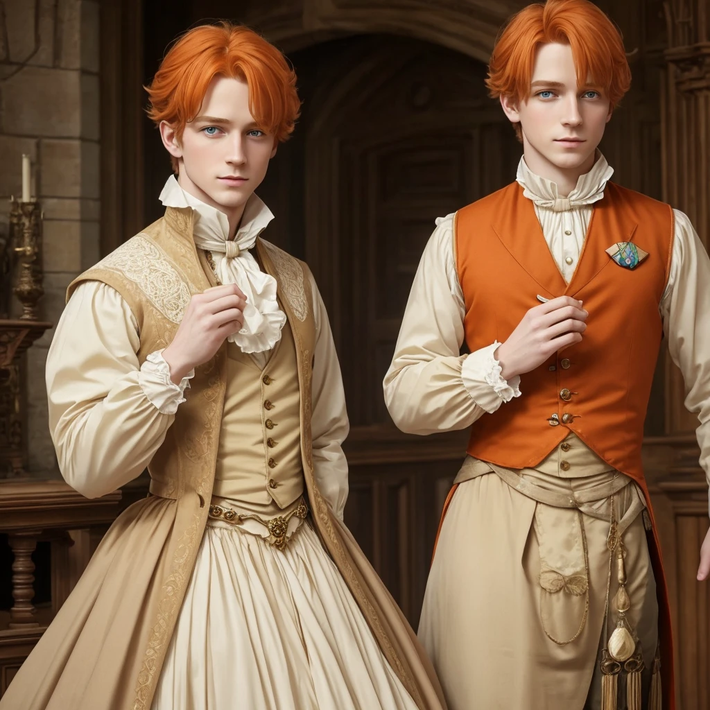 Fantasy one prince orange hair and victorian beige clothes green eyes delicate scottish