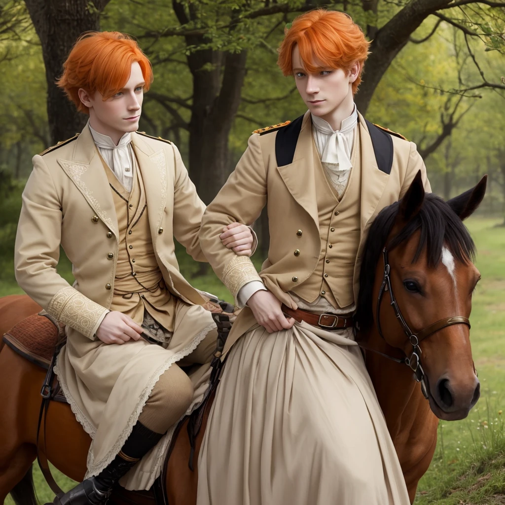 Fantasy one prince orange hair and victorian beige clothes green eyes delicate scottish
