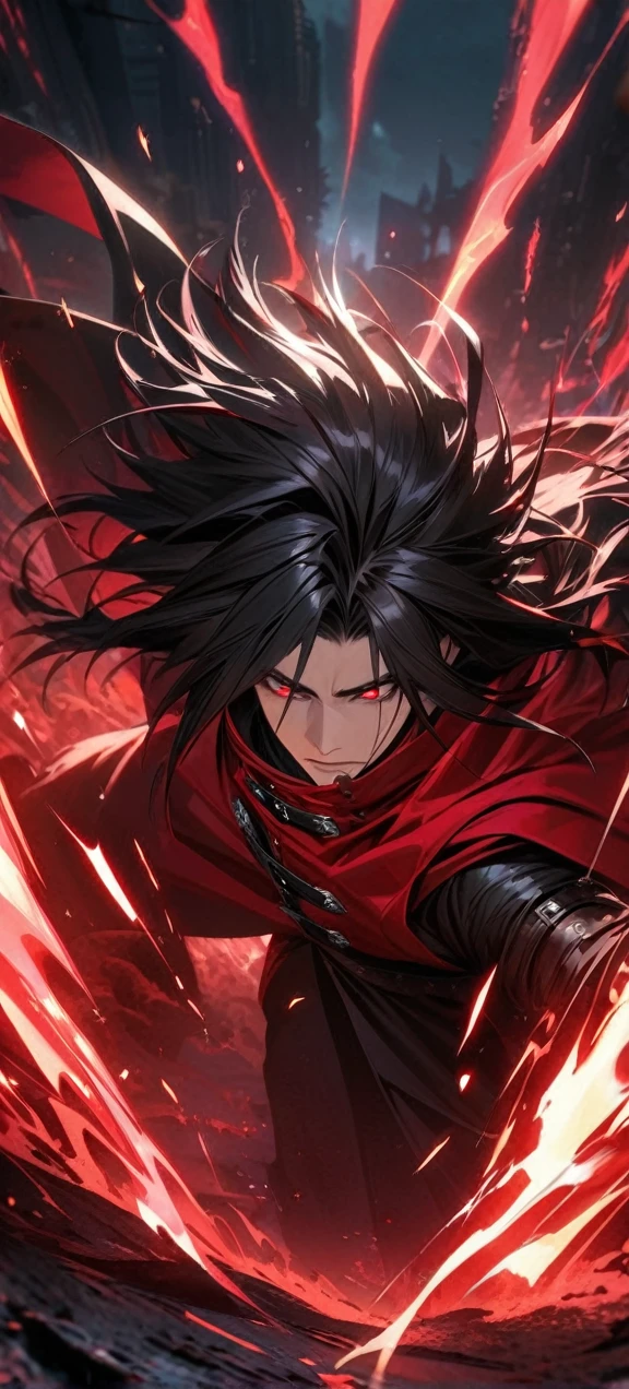 Symetrical,absurdres, highres, ultra detailed, HDR, masterpiece, extremely detailed face and eyes, Vincent Valentine,final fantasy 7,long black hair , , solo, man, handsome, ,, , Epic fight scene,red lightning effect, glowing glitters, , red flames effect, red aura effect, red splashing