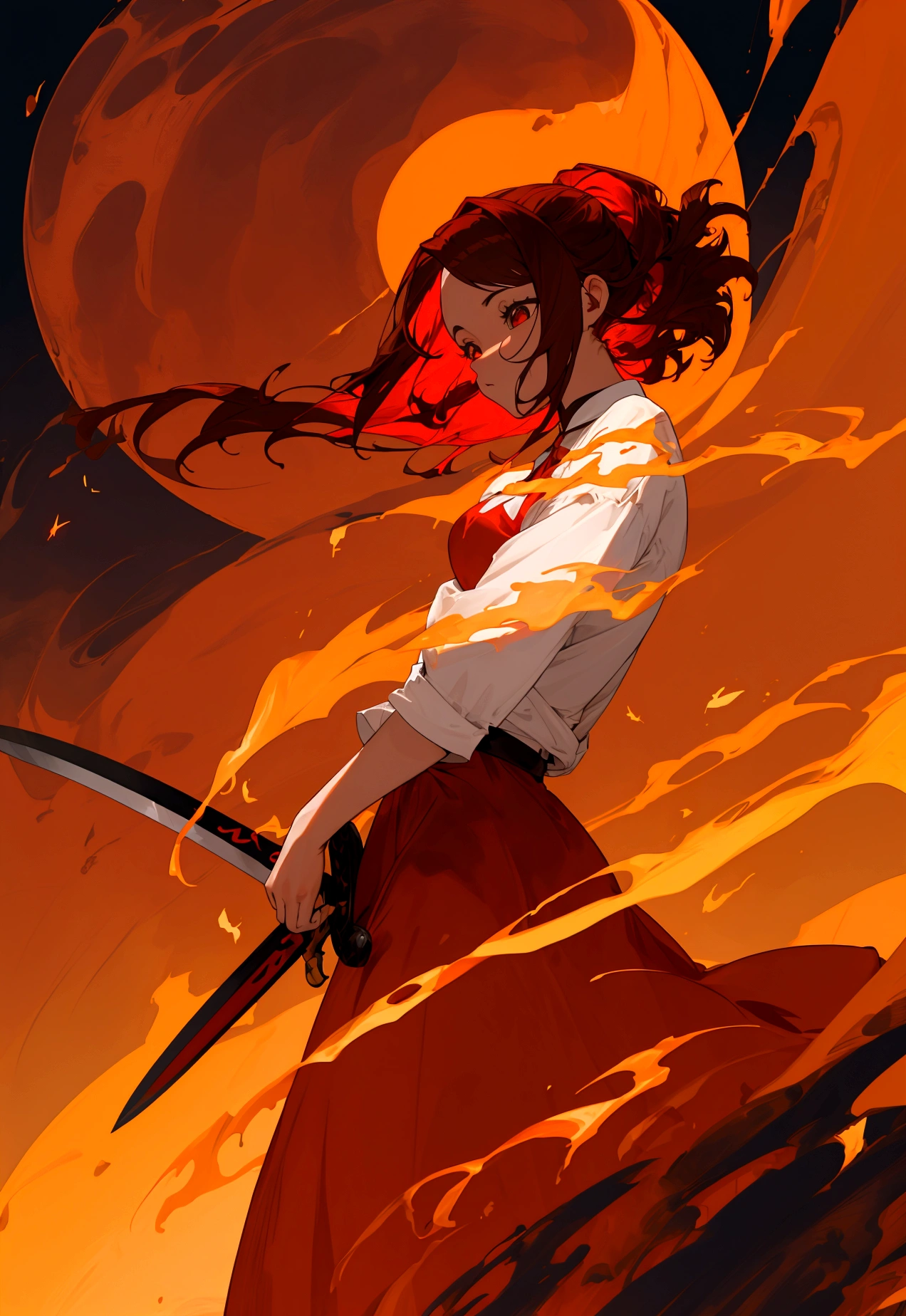 uma linda garota morena com cabelo rot escuro, face perfect, work of art, ultra high resolution, high qualiy, 4K, olhos rots como fogo, cabelos rots escuro, rot, red butterfly, Buffalo, sharp sword, Tuuli, wind, rot, red long circle skirt, hurricane ago, rabo de Buffalo