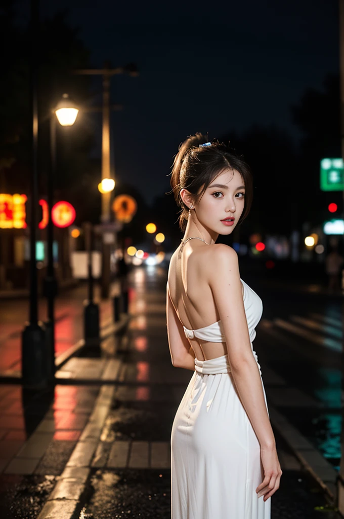 (Standing on a dark street),(road light),(Low lighting),(night),Random posture, (An extremely delicate and beautiful work), (masterpiece), One girl, Girl in a white dress, Very detailed, Waist leak, The ponytail is crooked, Charm expression, beautiful and clear eyes, Green pupil, Delicate necklace, Delicate earrings, Fairy ears, Simple blur background, Very detailed説明, beautiful, Charm, Ultra-fine painting, Delicate face, Delicate figures, Thin clavicle, Nice lips, beautiful breasts, Soft back, Mix 4,(8K, RAW Photos, Highest quality, masterpiece:1.2), (Realistic, photo-Realistic:1.37),One girl,cute,Cityscape, night, rain, Wet, Professional Lighting, Photon Mapping, Radio City, Physically Based Rendering,Tabletop, Highest quality, figure, Super detailed, In detail, High resolution, 8K壁紙, Perfect dynamic composition, beautiful細部までこだわった目, Women's Fashion Summer,Medium Hair, Natural color lip, Bold sexy pose,smile,Harajuku、20-year-old girl、cute、 Brass Strap Display