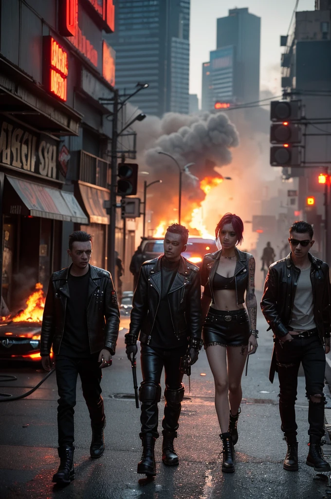 A group of punk rebels in the middle of a riot in a cyberpunk suburb with cars destroyed in flames and shops on fire, many rebels have in their hands Molotov cocktails set fire and futuristic weapons in a dark dystopian cyberpunk future where anarchy and crime reign in a metropolis, an image of the highest quality and rendered with photorealism like that of a reflex camera. 