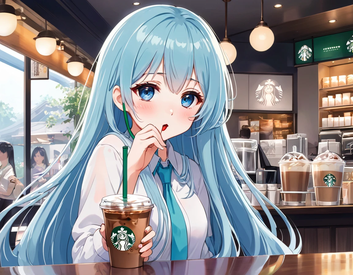 Anime Girls drinking starbucks coffee with a straw in her hand, Light blue long hair、ツインテールのAnime Girls cute Anime Girls, Beautiful anime school girl, (Anime Girls), Cute girl anime visuals, Mysterious Coffee Shop Girl, young Anime Girls, Beautiful anime art style, Anime illustration, beautiful Anime Girls, Drink strawberry iced latte