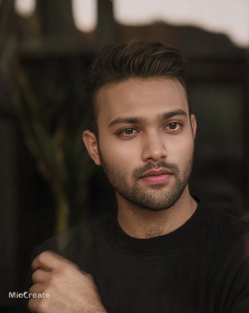 A beautiful young bearded man with highly detailed skin.black hair.happy emotion