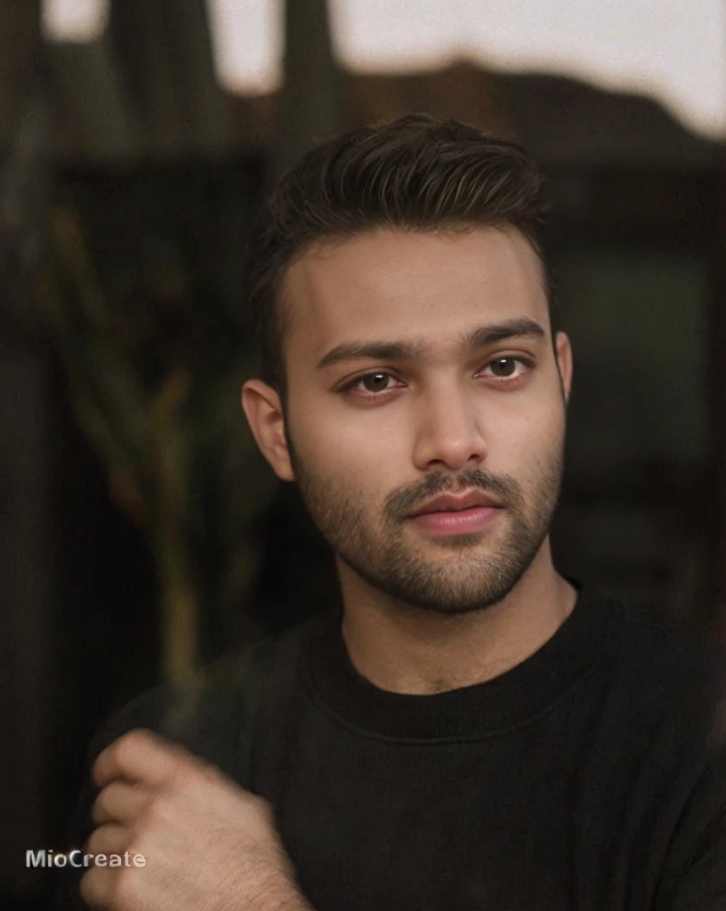 A beautiful young bearded man with highly detailed skin.black hair.happy emotion